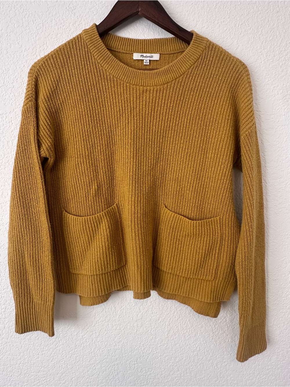 Madewell Mustard Ribbed Crewneck Sweater with Front Pockets